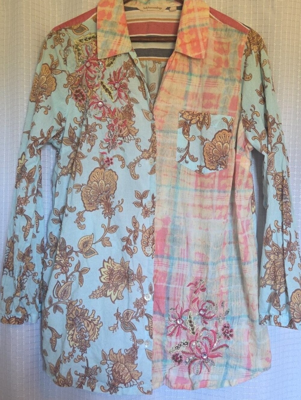Soft Surroundings Descana Button Up Tunic Aquatic Multi Embellished Mix Media L